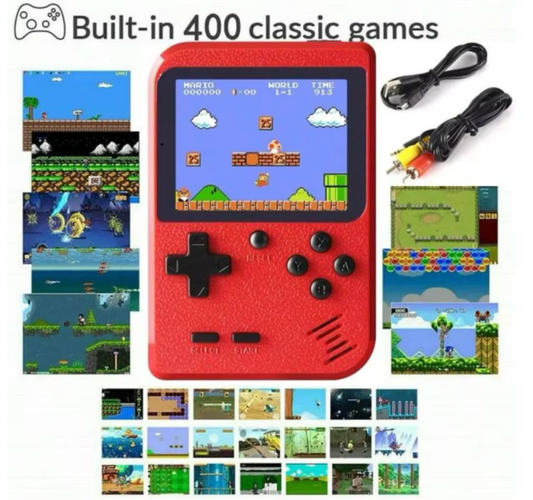 Red Retro Classic Handheld Game Console for Kids, featuring hundreds of games, rechargeable, and TV connectivity.